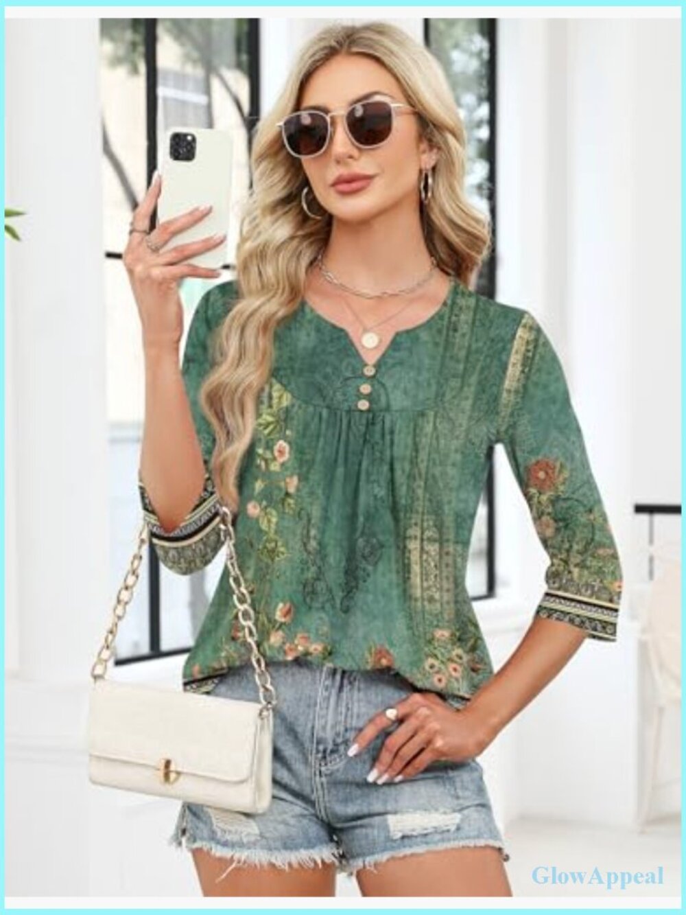 Dressy Casual Henley V Neck Blouse 3/4 Sleeve Loose Fit Tunic Summer Top - Picture 4 of 7